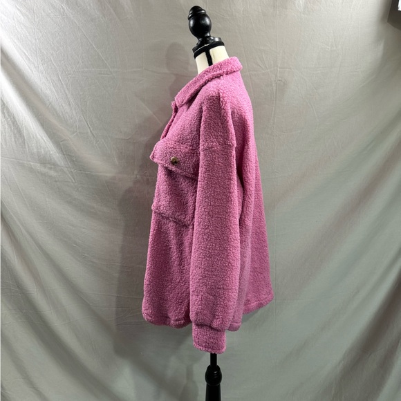 Flap Pocket Drop Shoulder Teddy Coat Jacket Pink - Picture 9 of 10